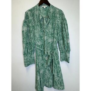 Topshop Green‎ White Abstract Tie Neck Belted Shirt Dress Long Sleeve US 8 UK 12